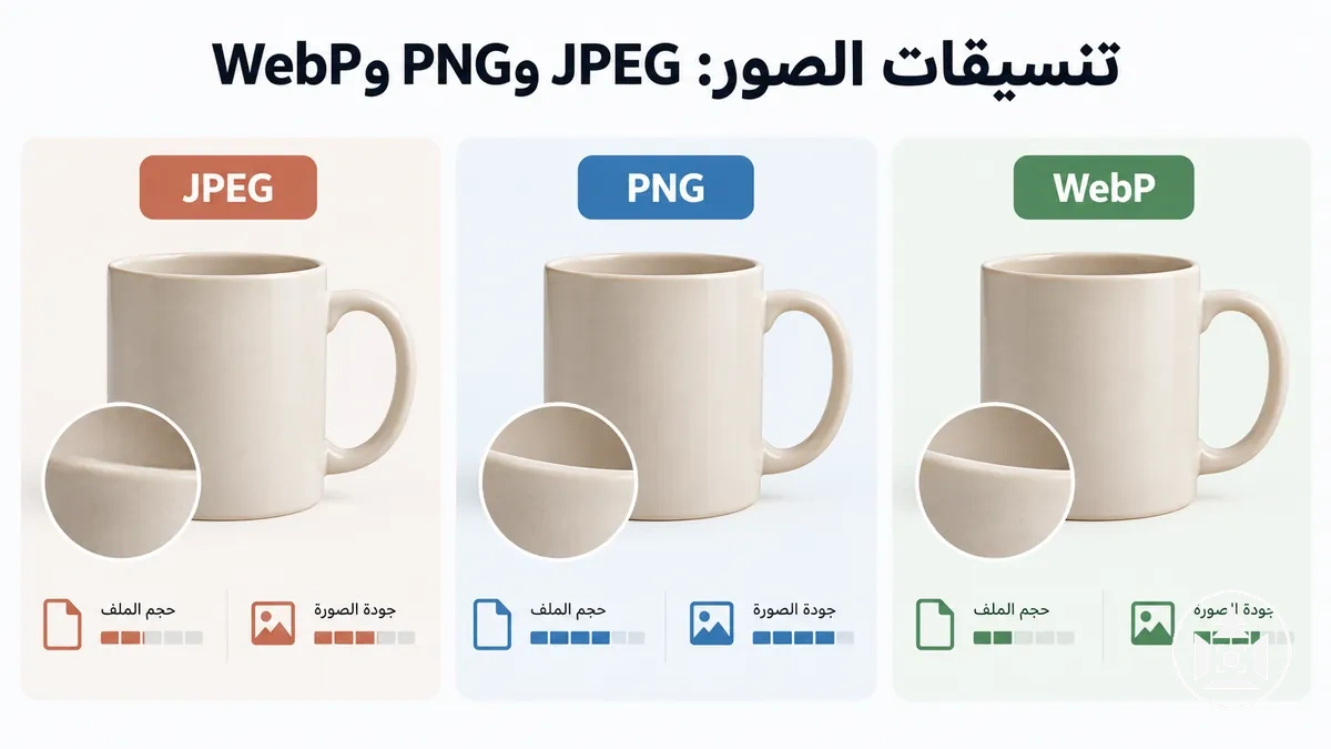 مقارنة تنسيقات JPEG وPNG وWebP لصور منتجات التجارة الإلكترونية حسب الجودة وحجم الملف