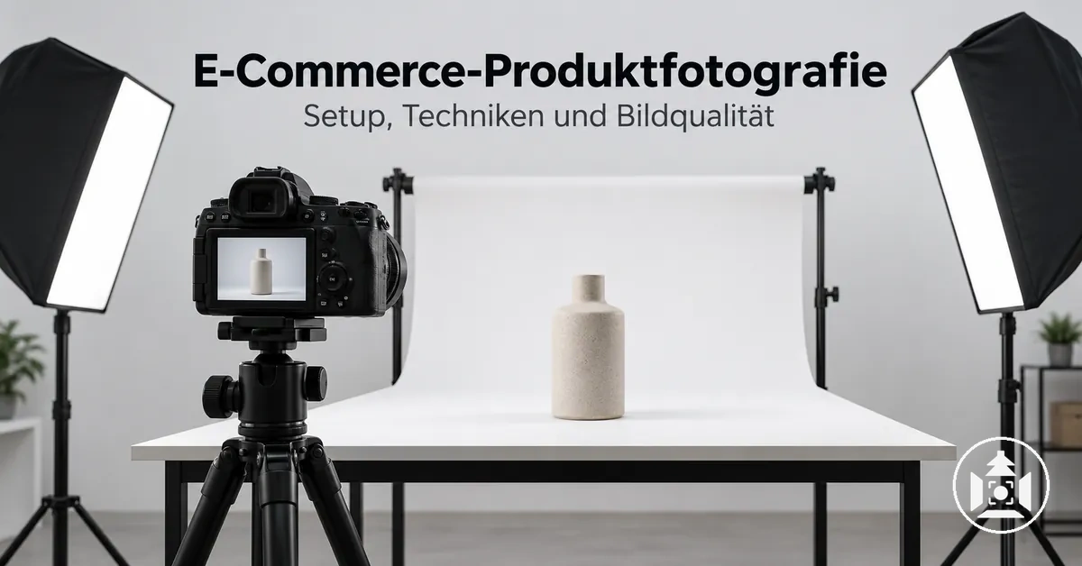 Setup für E-Commerce-Produktfotografie mit Beleuchtung, Kamera und Produkthintergrund