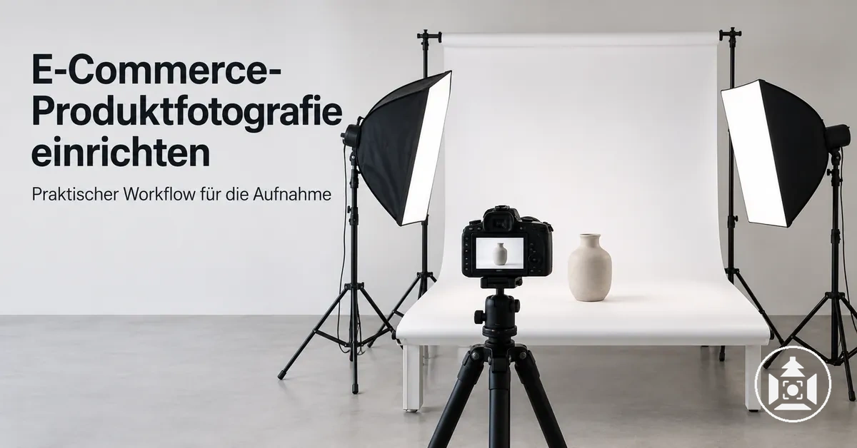 Aufbau für E-Commerce-Produktfotografie mit Kamera, Leuchten und Hintergrund