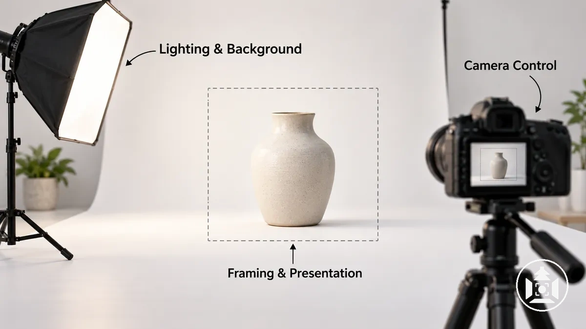 Produktfotografie-Aufbau mit Beleuchtung, Hintergrund, Kameraposition und Steuerung des Bildausschnitts