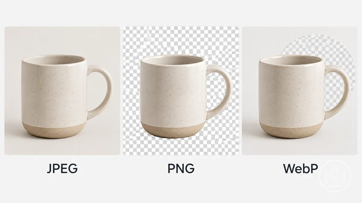 Dasselbe E-Commerce-Produktbild als JPEG, PNG und WebP dargestellt für den Formatvergleich