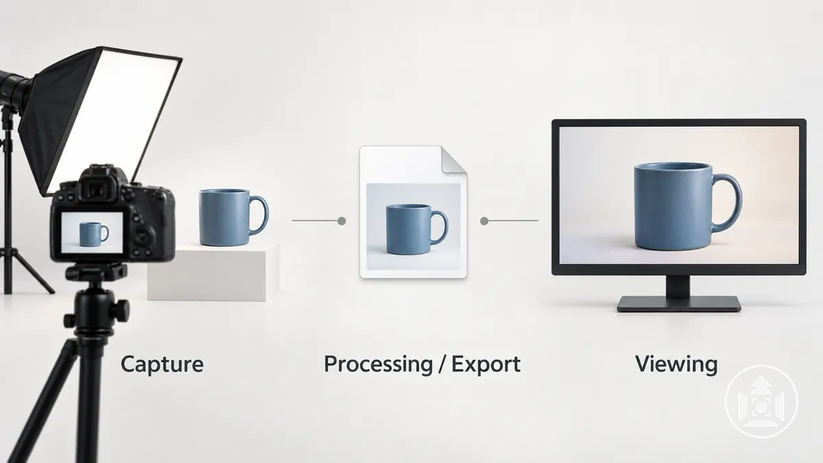 Diagramm der Phasen Aufnahme, Export und Anzeige, in denen sich die Farbe von E-Commerce-Produktfotos verschieben kann