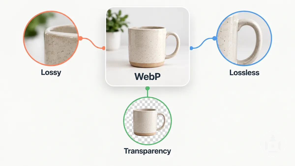 WebP E-Commerce-Produktbild-Illustration mit Unterstützung für verlustbehaftete, verlustfreie und transparente Darstellung
