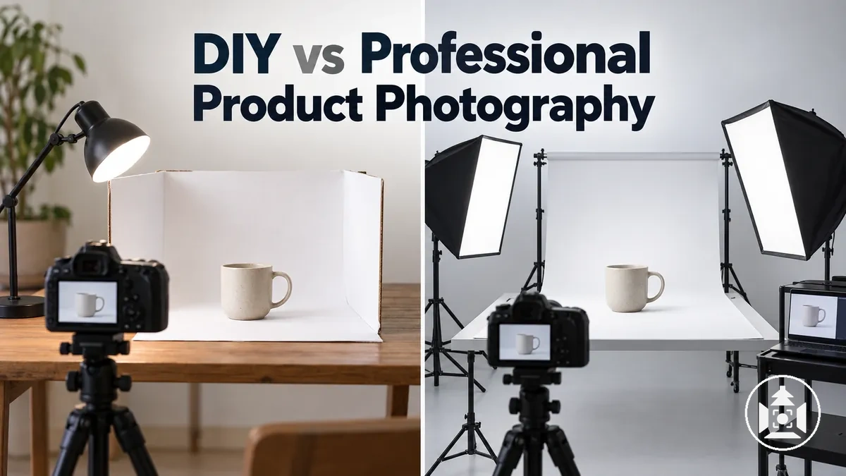 DIY and professional ecommerce product photography setups shown for comparison
