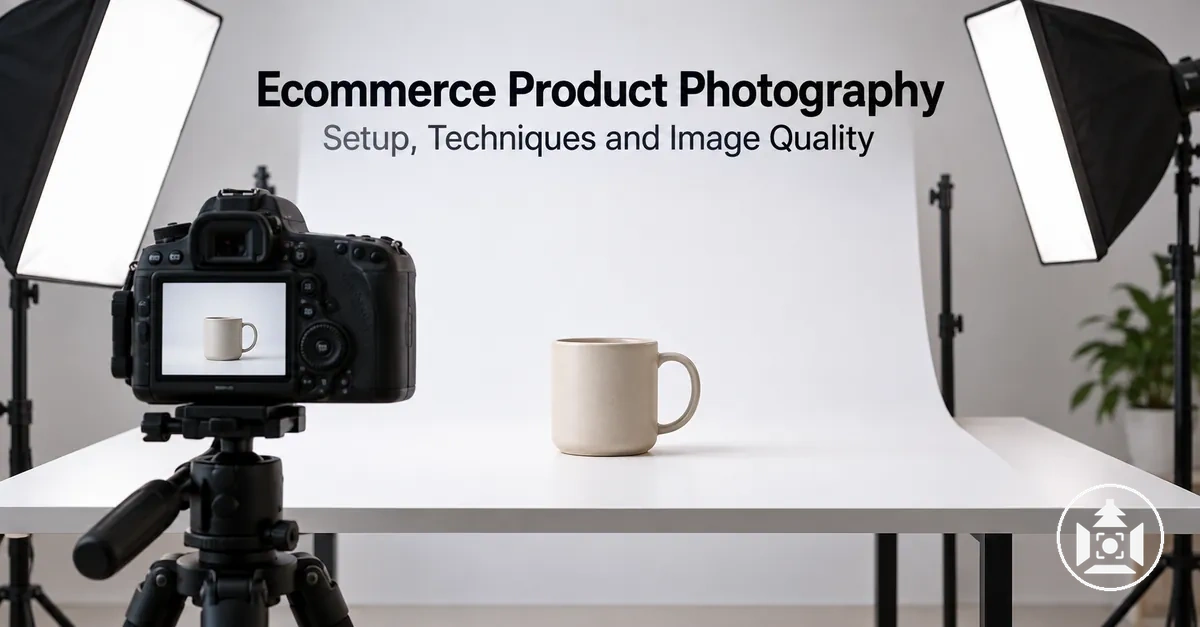 Ecommerce product photography setup with lighting, camera and product background