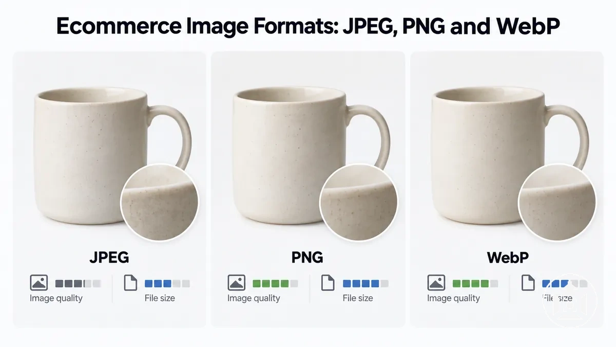 JPEG, PNG and WebP ecommerce product image formats compared by quality and file size