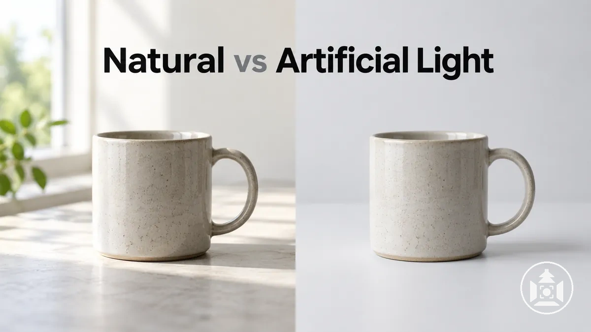 Product photographed under natural light and artificial studio lighting for comparison