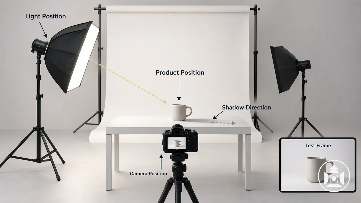 Repeatable positions of lights, product, background and camera with a test frame for comparison