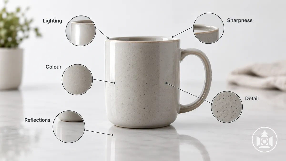 Product image showing lighting, sharpness, colour, detail and reflection characteristics