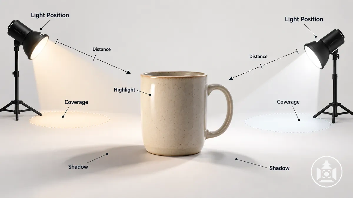 Product lighting diagram showing two light positions, direction arrows, coverage areas, distance markers, and changes in highlights and shadows
