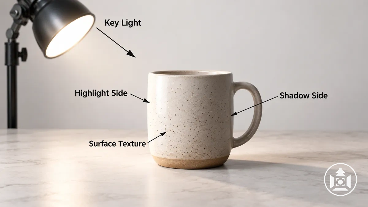 Product with directional key light showing the highlight side, shadow side, and visible surface texture