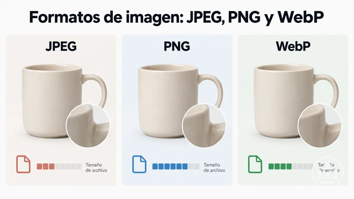 Formatos JPEG, PNG y WebP para imágenes de producto en ecommerce comparados por calidad y tamaño de archivo