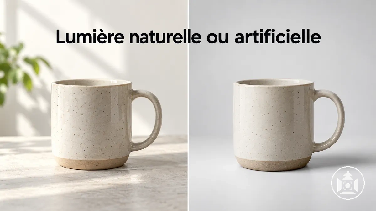 Produit photographié en lumière naturelle et sous éclairage artificiel de studio pour comparaison