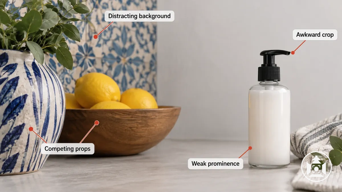 Photo de produit annotée montrant des erreurs d arrière-plan, d accessoires et de cadrage