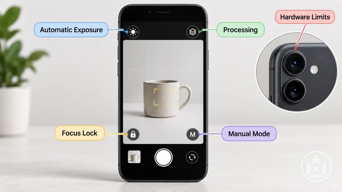 Appareil photo de smartphone montrant le traitement automatique, les contrôles verrouillables, les contrôles manuels conditionnels et les limites physiques du système photographique