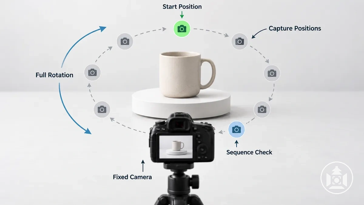 Produit à des positions rotatives espacées régulièrement, avec un appareil photo fixe capturant une séquence complète d’images 360