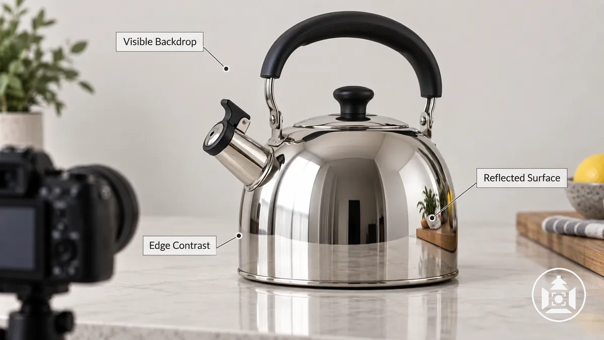 Produit réfléchissant devant un arrière-plan visible simple avec des surfaces réfléchies maîtrisées et une séparation nette des contours
