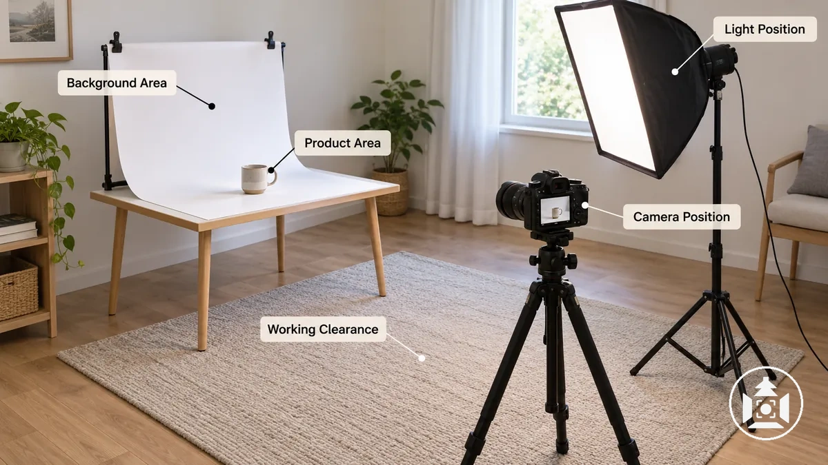 Espace de prise de vue domestique montrant le produit, la position de l appareil photo, la position de l éclairage, le fond et le dégagement de travail