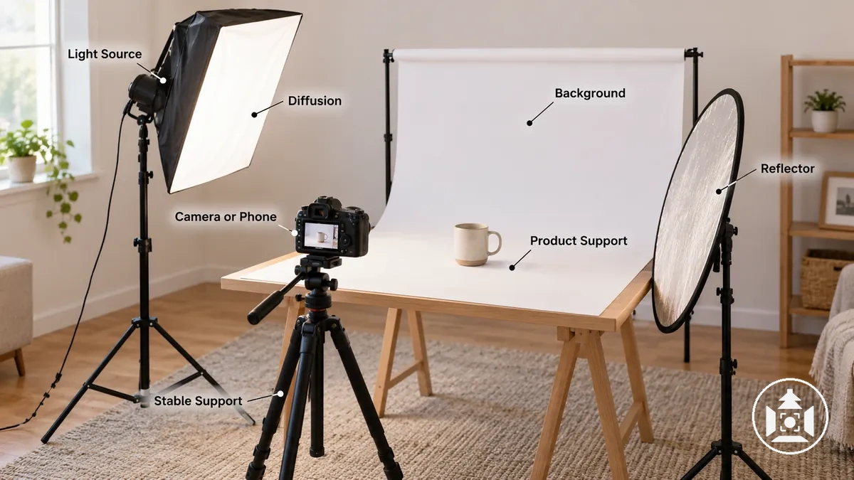 Configuration essentielle de photographie de produit à domicile avec un appareil photo ou téléphone, support stable, support du produit, modification de la lumière et fond
