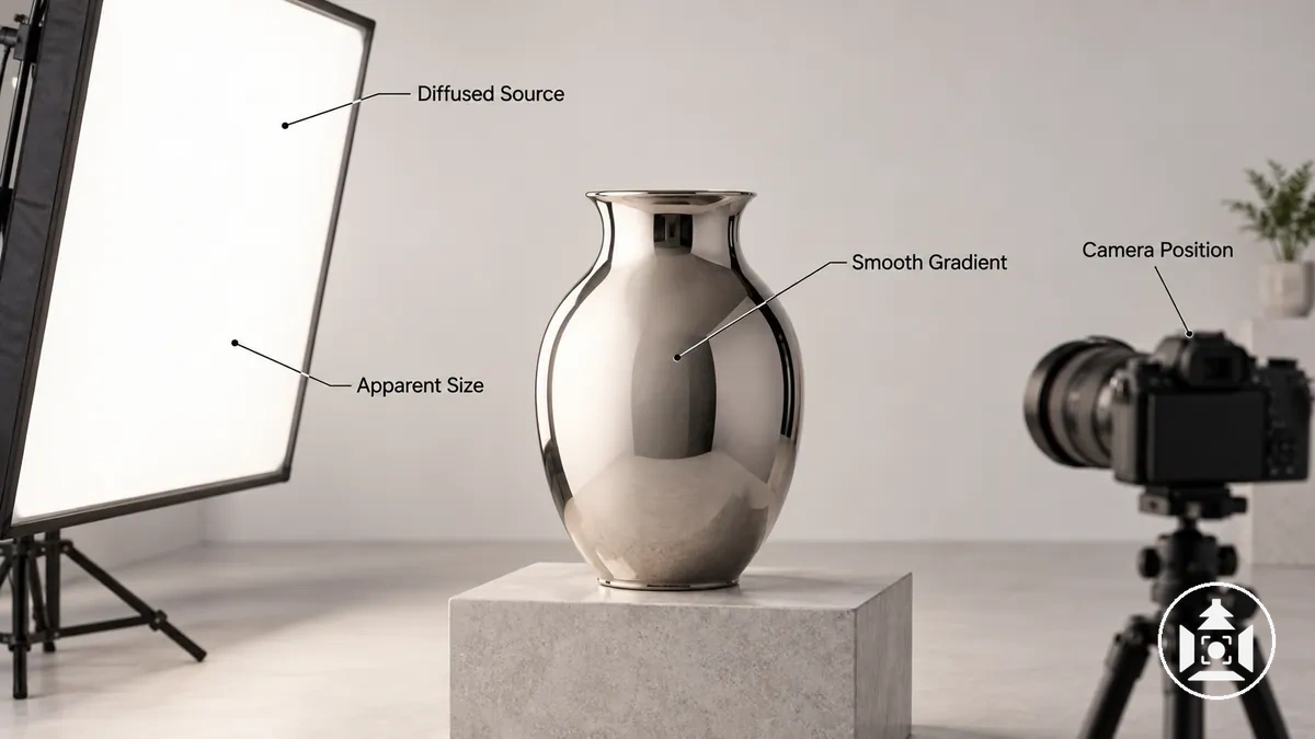 Grande source de lumière diffusée créant un reflet lumineux large et lisse sur un produit réfléchissant