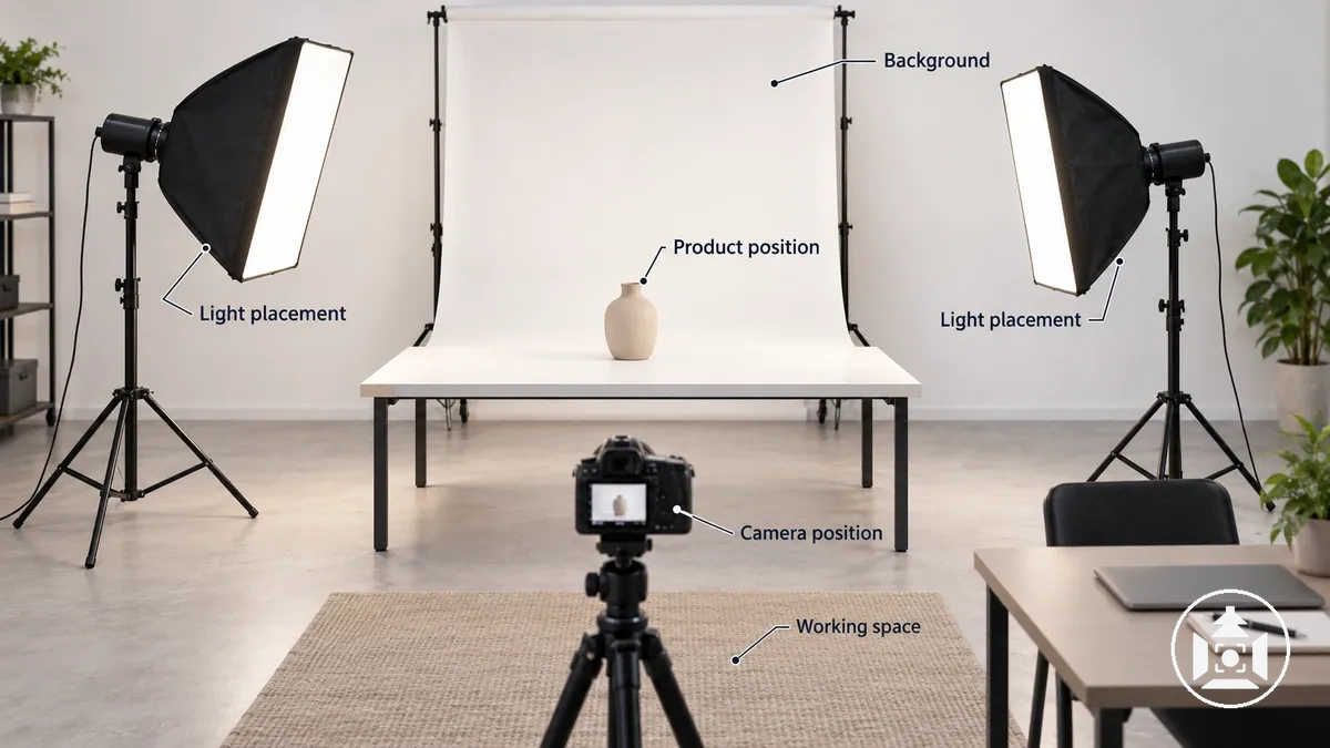 Configuration de prise de vue centrée sur le produit montrant la relation spatiale entre arrière plan, lumières, appareil photo et zone de travail