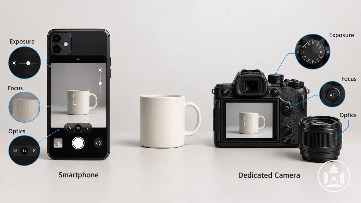 Smartphone et appareil photo dédié montrant les options de contrôle de l’exposition, de la mise au point et de l’optique pour la photographie de produit
