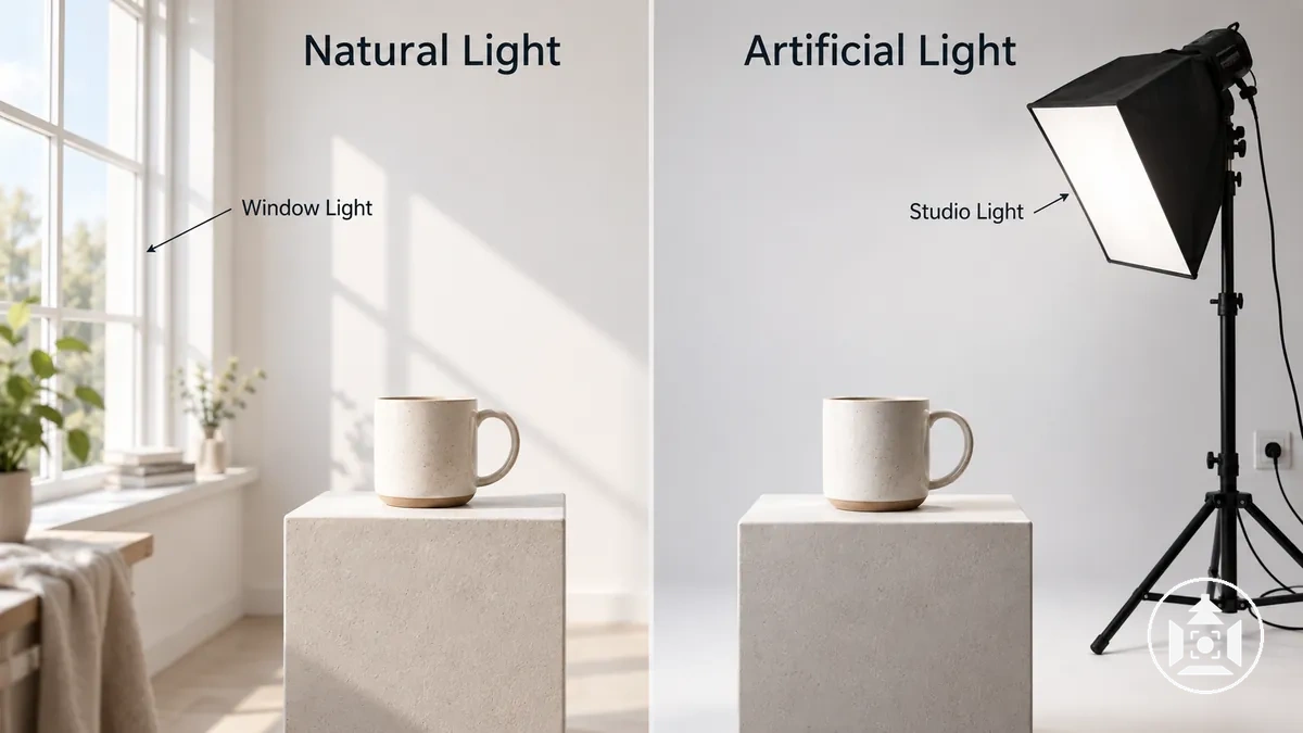 Configuration de photographie de produit avec lumière du jour par fenêtre et éclairage artificiel de studio