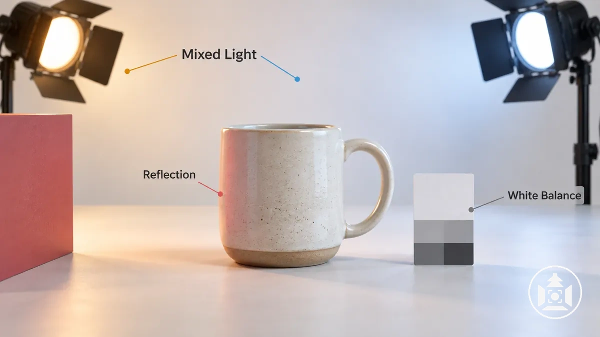 Photo de produit annotée avec des exemples d'éclairage mixte, de couleur réfléchie et de dominante due à la balance des blancs