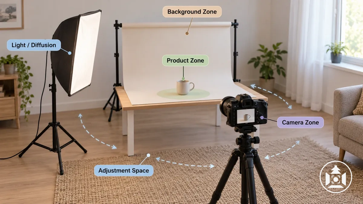 Diagramme montrant les zones séparées du produit, du fond, de l éclairage et de la diffusion, et de l appareil photo avec un espace d ajustement