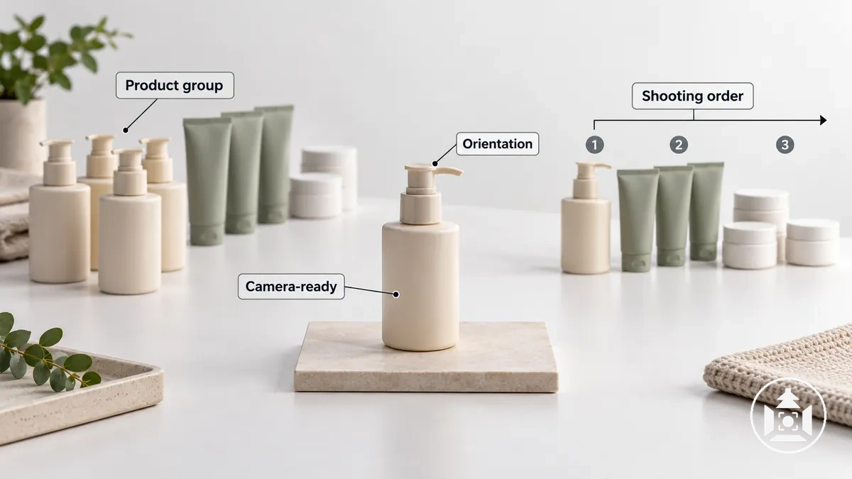 Produits propres et prêts à photographier regroupés par taille et orientation sur une surface de préparation ordonnée