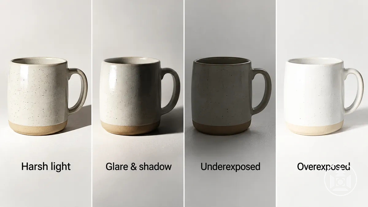 Exemples d erreurs d éclairage en photographie de produit montrant une lumière dure, des ombres et des problèmes d exposition