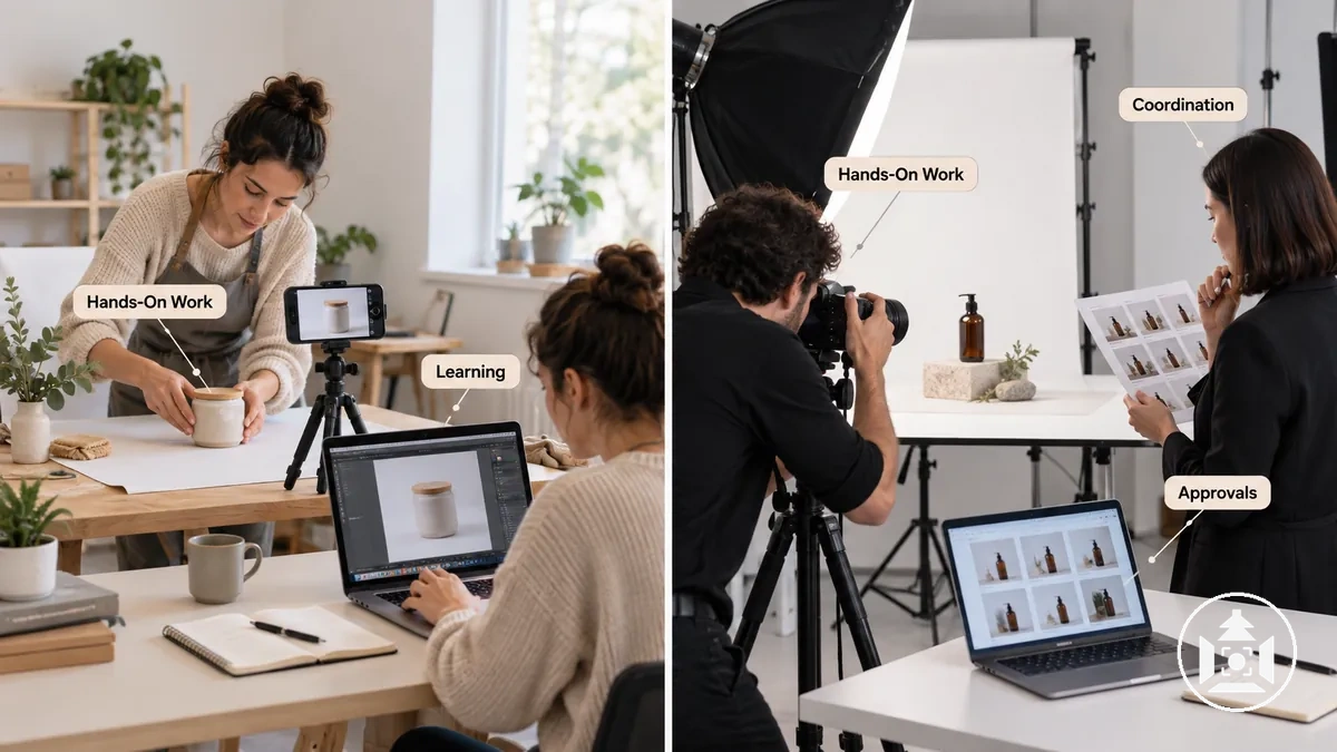 Flux de travail de photographie de produit DIY et professionnelle montrant les différences de production concrète et de coordination