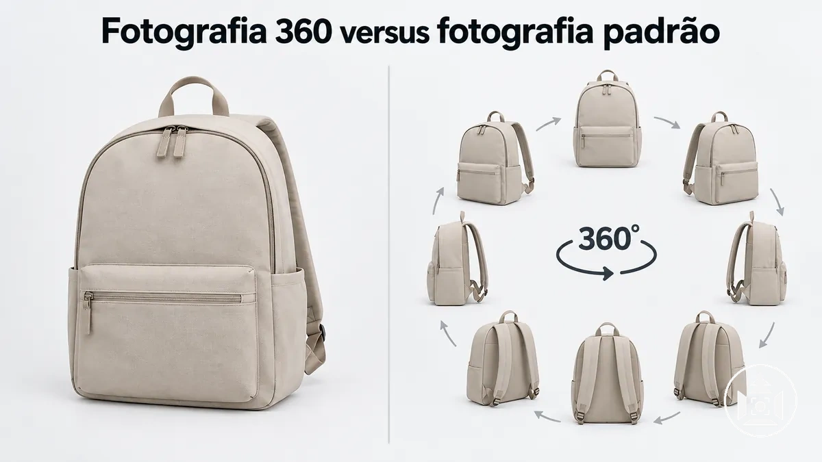 Produto para e-commerce mostrado em fotografia padrão e em uma sequência de imagens em 360 graus