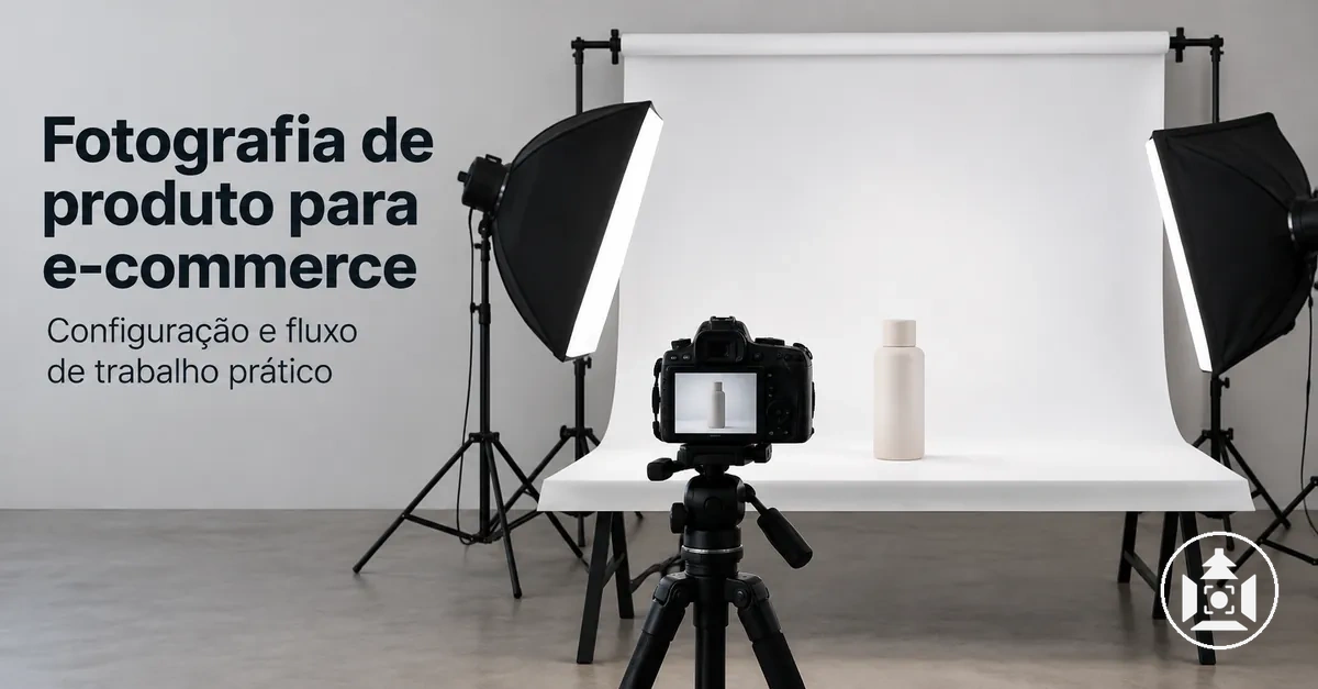 Configuração de uma sessão de fotografia de produto para e-commerce com câmera, luzes e fundo