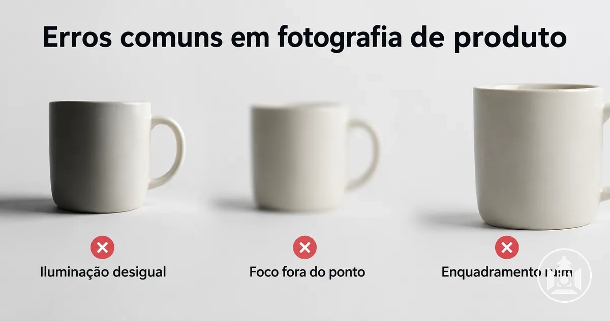 Exemplos de erros comuns em fotografia de produto para e-commerce envolvendo iluminação, foco e enquadramento