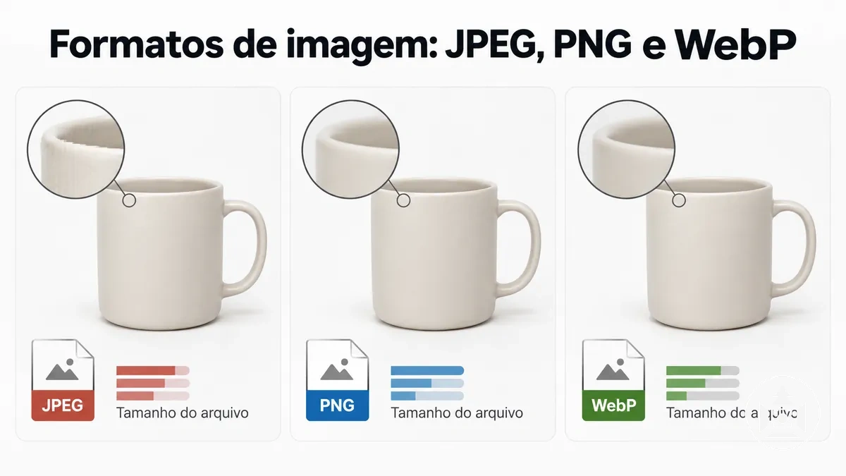 Formatos JPEG, PNG e WebP para imagens de produto em e-commerce comparados por qualidade e tamanho do arquivo