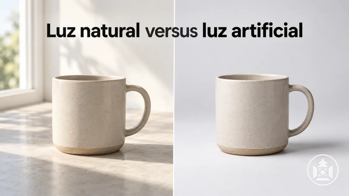 Produto fotografado com luz natural e com iluminação artificial de estúdio para comparação