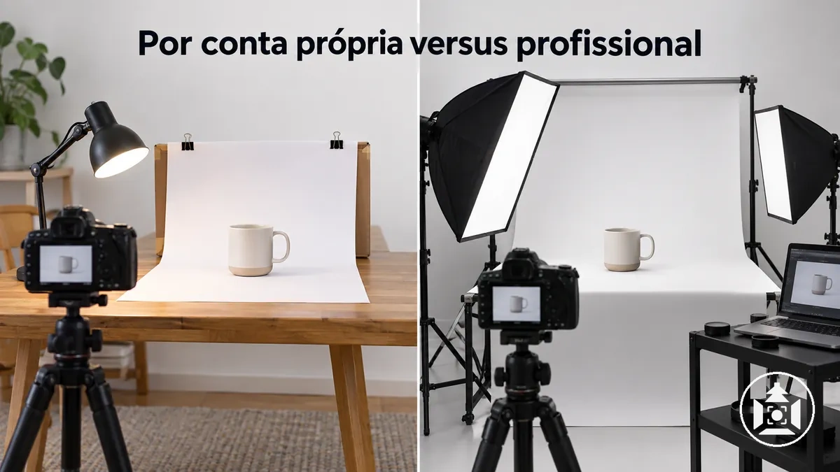 Configurações de fotografia de produto para e-commerce feitas por conta própria e por profissional para comparação