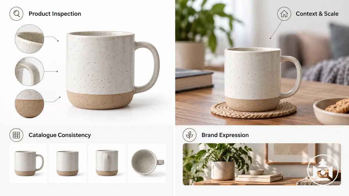 Fotos com fundo branco e fotos em contexto de produto anotadas para detalhe do produto, escala e uso em contexto, consistência do catálogo e expressão da marca