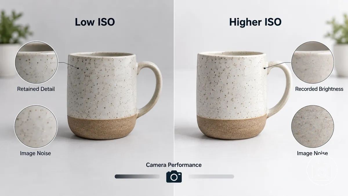 Condições de ISO mais baixo e mais alto ilustrando brilho registrado, ruído de imagem e detalhe retido