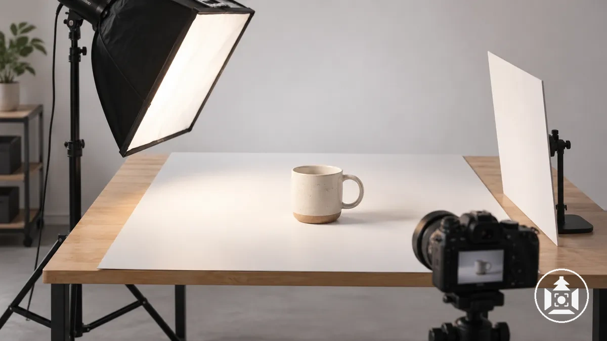 Arranjo de iluminação para fotografia de produto em mesa com luz principal e preenchimento condicional
