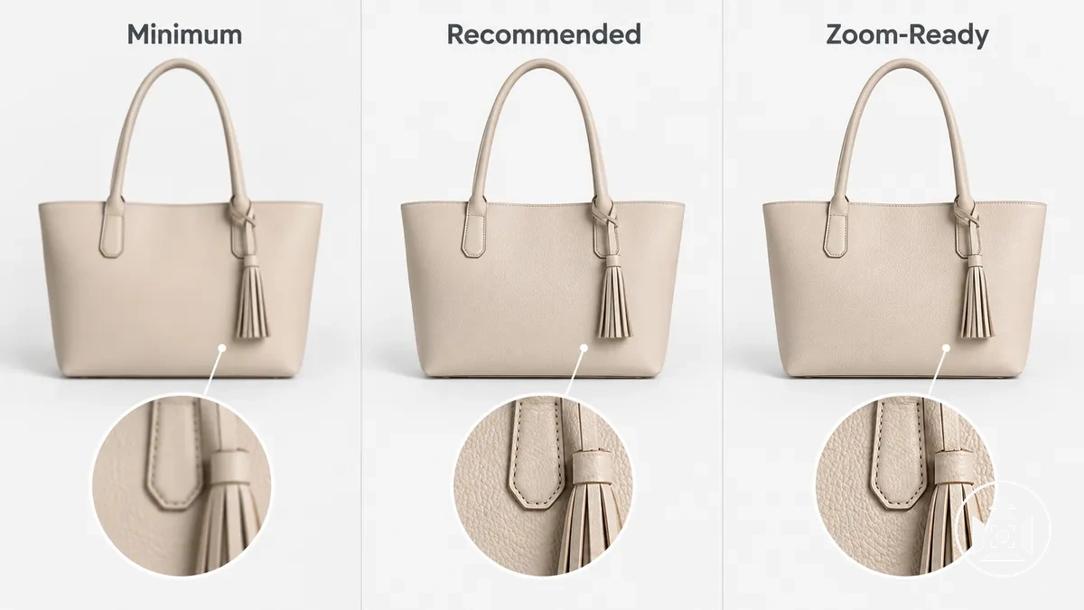 Comparação entre as dimensões mínimas, recomendadas e prontas para zoom de imagens de produto para e-commerce.