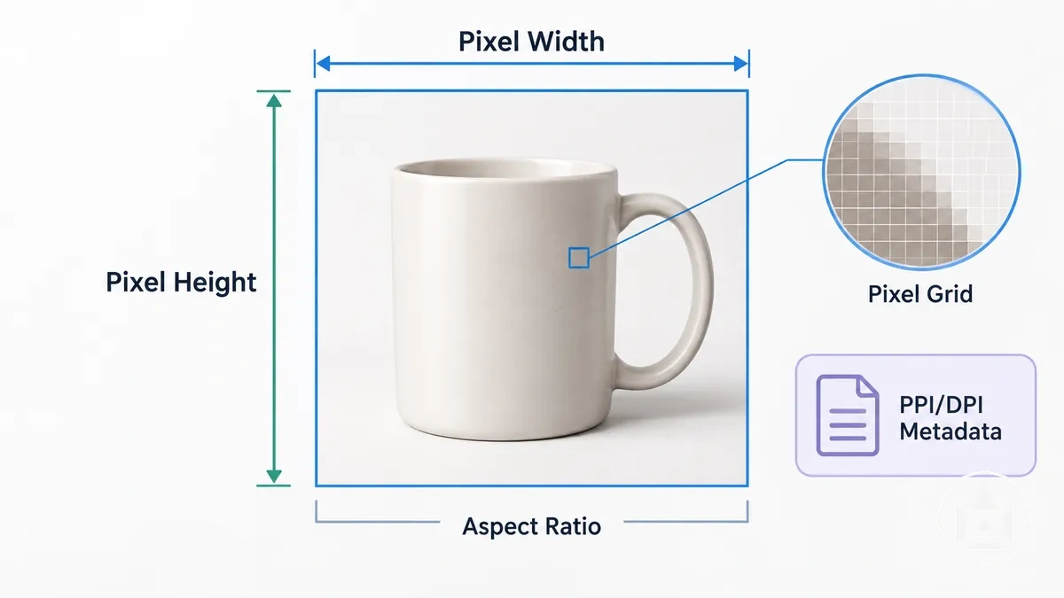Diagrama identificando dimensões em pixels, metadados de resolução e proporção de aspecto em uma imagem de produto para e-commerce.