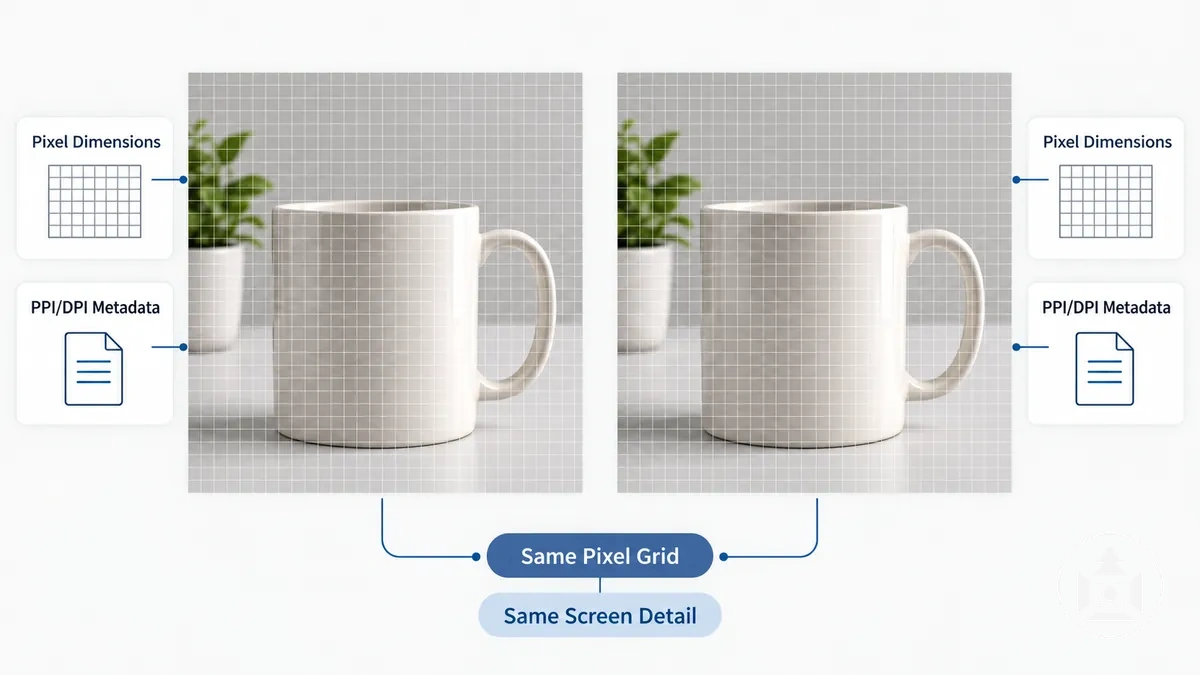 Diagrama comparando dimensões em pixels idênticas de imagem de produto com metadados de PPI ou DPI diferentes.