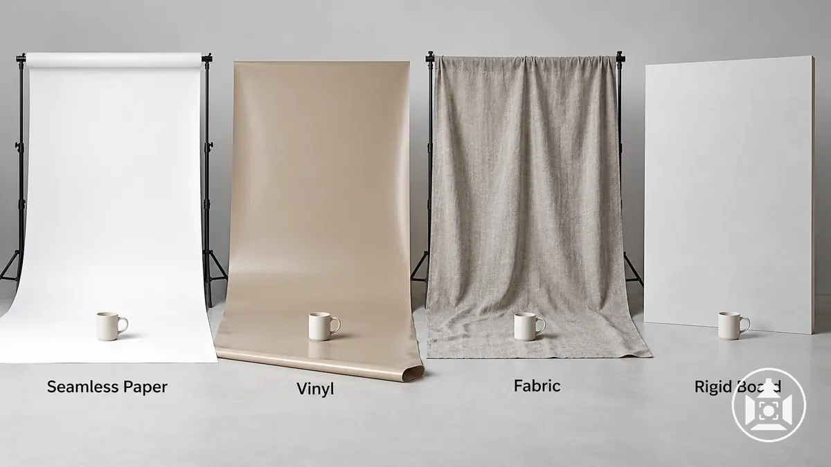Materiais de fundo para fotografia de produto comparados: papel, vinil, tecido e painel rígido