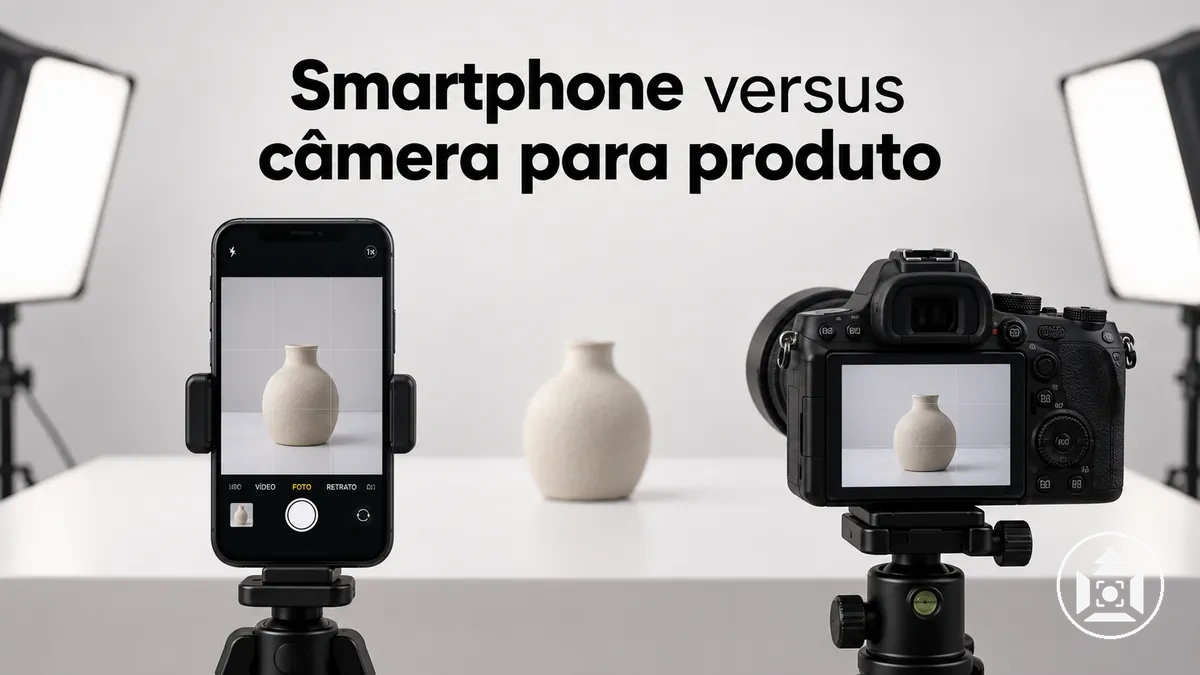 Smartphone e câmera dedicada usados lado a lado para fotografia de produto em e-commerce