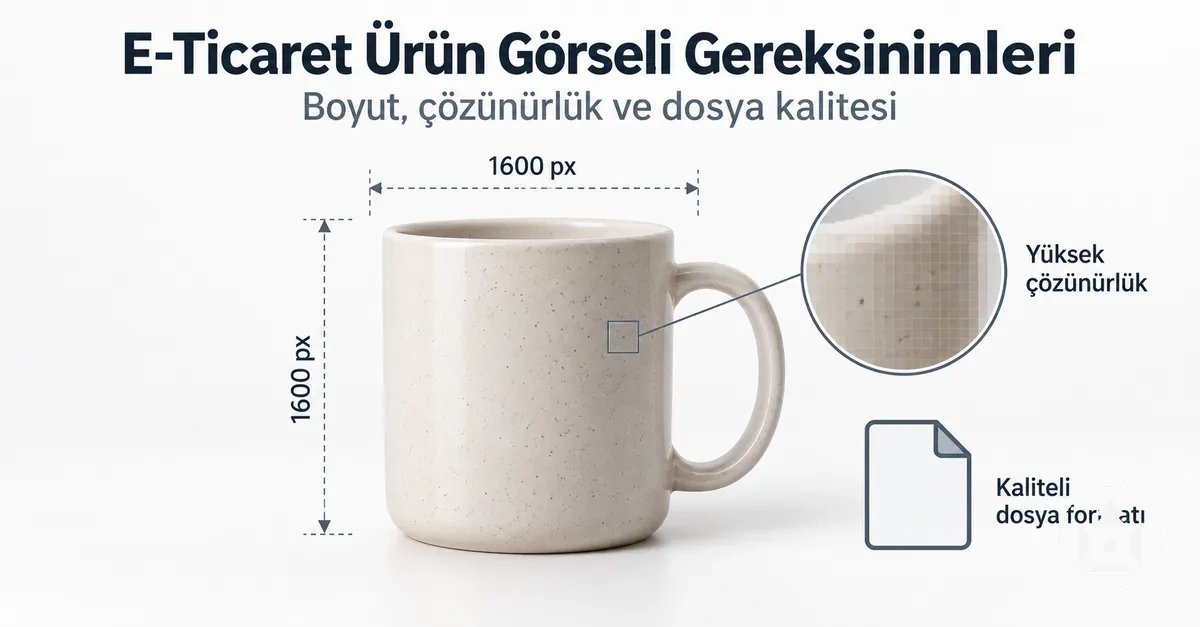 Boyut, çözünürlük ve dosya kalitesi gereksinimlerini gösteren e-ticaret ürün görseli