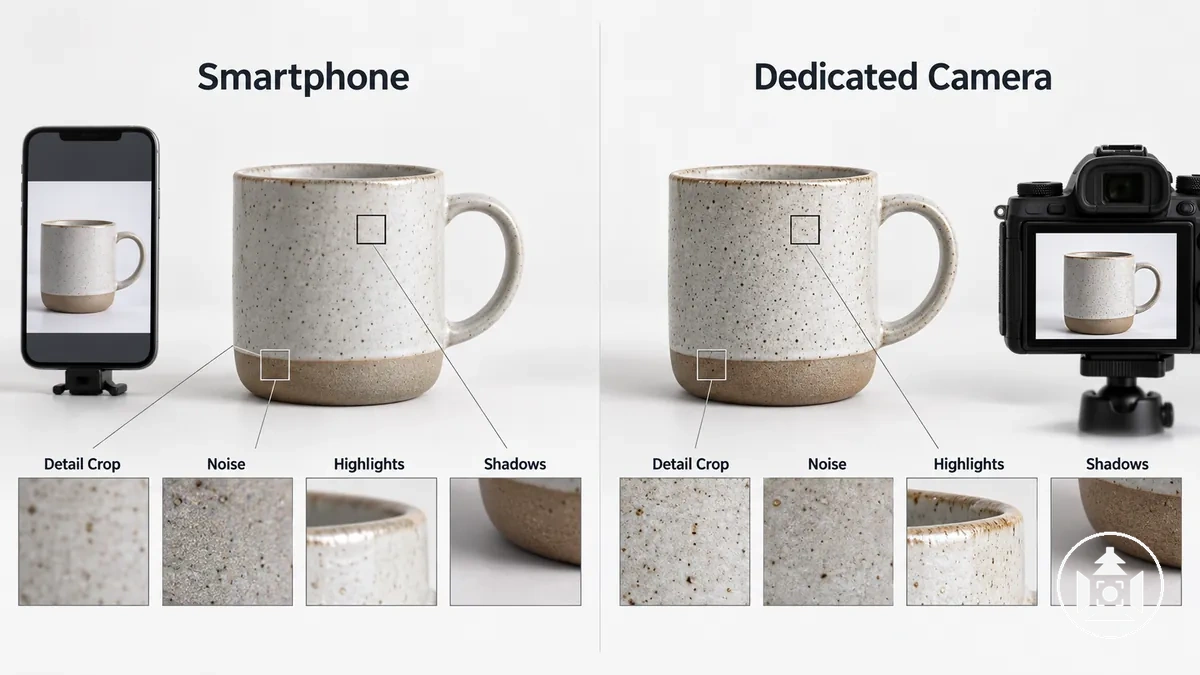 Karşılaştırılabilir koşullar altında çekilmiş akıllı telefon ve özel fotoğraf makinesi ürün görsellerinden ayrıntı kırpıntıları