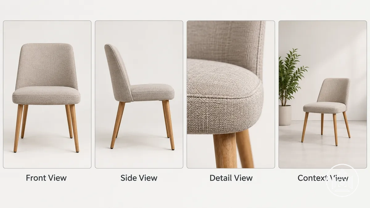 Aynı ürünün tutarlı ön, yan ve detay bakış açılarından kadraj sınırlarıyla gösterimi